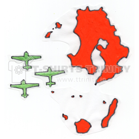 パーマネントオレンジな鹿児島県近海を、3機の曲技機が編隊飛行中です。