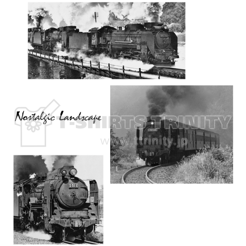 ヴィンテージ鉄道写真 蒸気機関車写真×3 (黒いNostalgicロゴ)