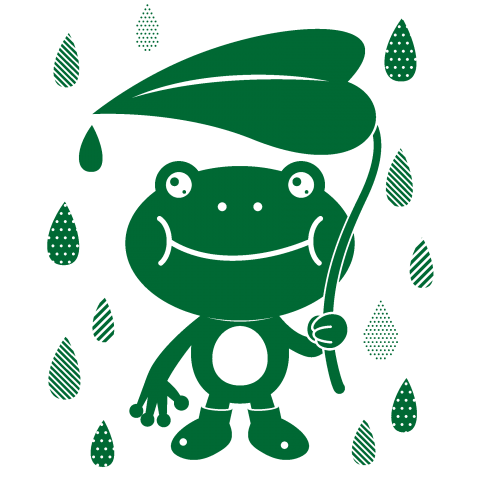 葉っぱの傘で雨を喜ぶ蛙