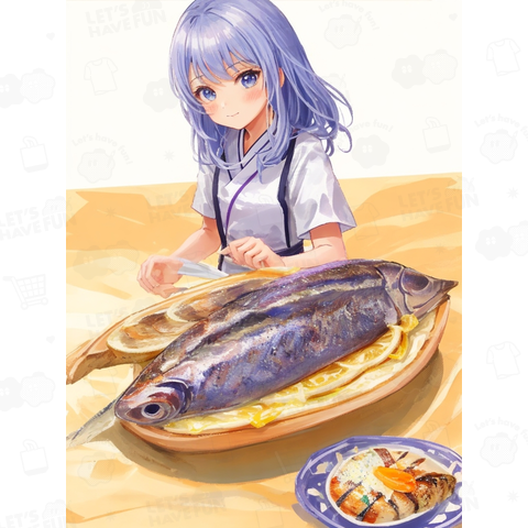 青髪の料理人が魚料理を作るイラストTシャツ