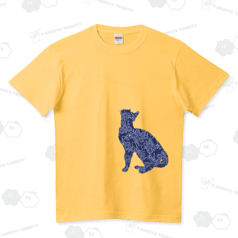 見上げる猫アップリケ(小紋) ハイクオリティーTシャツ(5.6オンス)