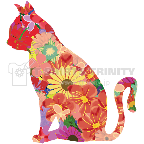 花柄の猫ワンポイントTシャツ