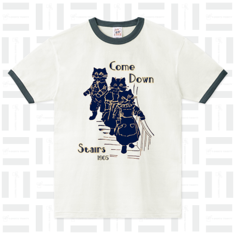 階段を下りる3匹の子猫 Come Down Stairs 1905 リンガーTシャツ(6.2オンス)