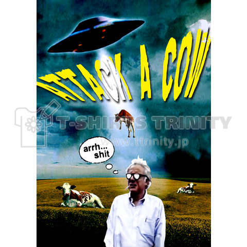 ATTACK A COW !! 目撃「◎△$♪×￥●&%#?!」80年代レトロSF UFO映画ポスター風 デザイン フォント1