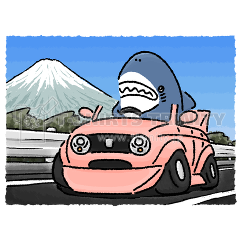 ピンクのオープンカーとサメ