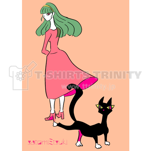 振り向く女性と片足を上げる猫