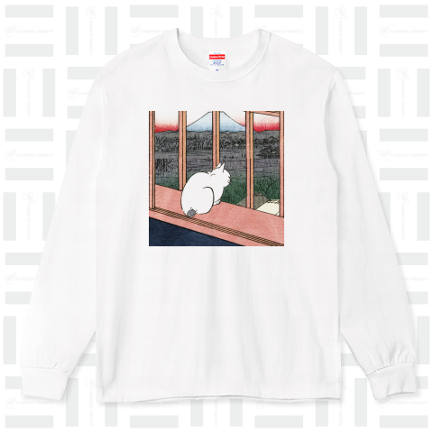 富士の見える窓辺の白猫さん( 歌川広重 浮世絵 切り抜き)