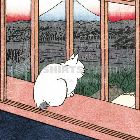富士の見える窓辺の白猫さん( 歌川広重 浮世絵 切り抜き)