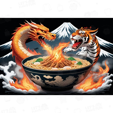 富士山背景のラーメン鉢で戦う龍と虎のデザイン