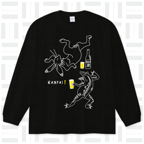 名画 × BEER(鳥獣戯画)白線画:イラストMAXサイズ ビッグシルエットロングTシャツ(5.6オンス)