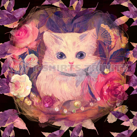ラグドール子猫と薔薇と枯葉のロマンチックなイラスト