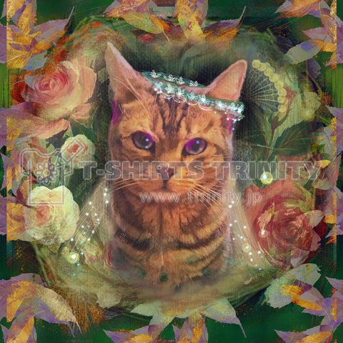 ボタニカルな薔薇と落ち葉のコラージュと花嫁飾りをつけたアメリカンショートヘアーの猫