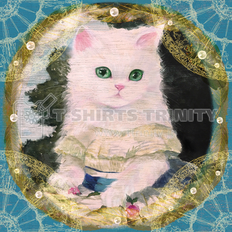 ドレスを着た白い子猫のアンティーク風肖像画