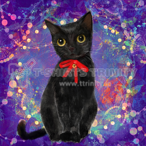 赤いリボンと鈴をつけたミステリアスな黒猫のイラスト