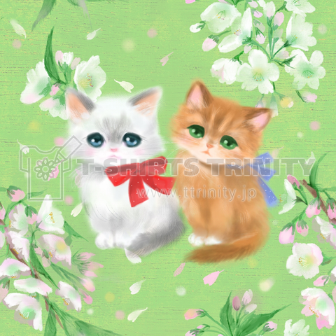 散りばめられた桜と二匹のかわいいリボンをつけた子猫