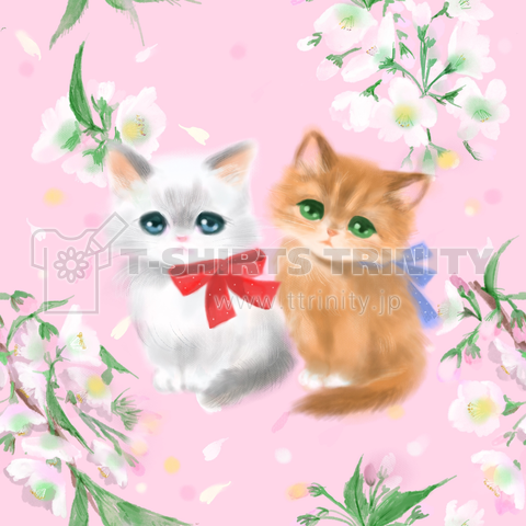 散りばめられた桜と二匹のかわいいリボンをつけた子猫