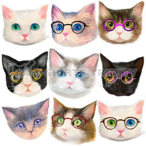 おしゃれなメガネをかけた猫たちと北欧風パターンイラスト
