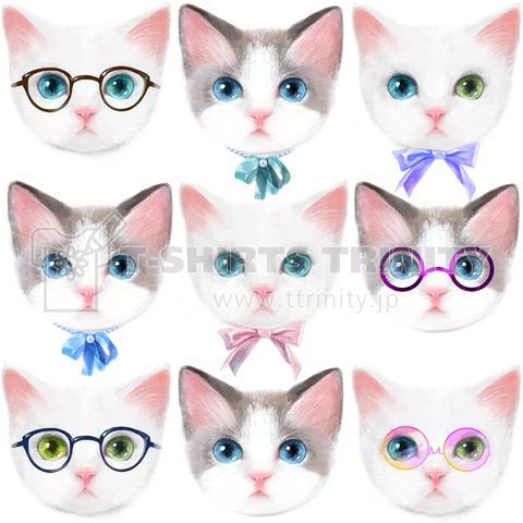 おしゃれなリボンとメガネをかけたラグドールの子猫たちのイラスト
