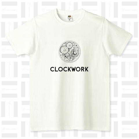 時計仕掛けのイラスト(白黒)とCLOCKWORKロゴ