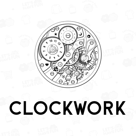 時計仕掛けのイラスト(白黒)とCLOCKWORKロゴ