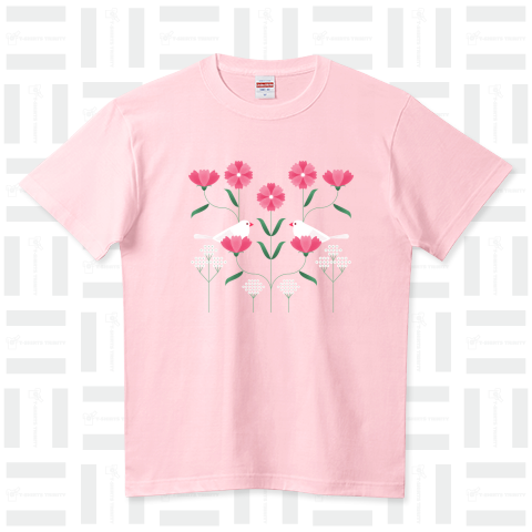 ピンクのお花と白文鳥 ハイクオリティーTシャツ(5.6オンス)