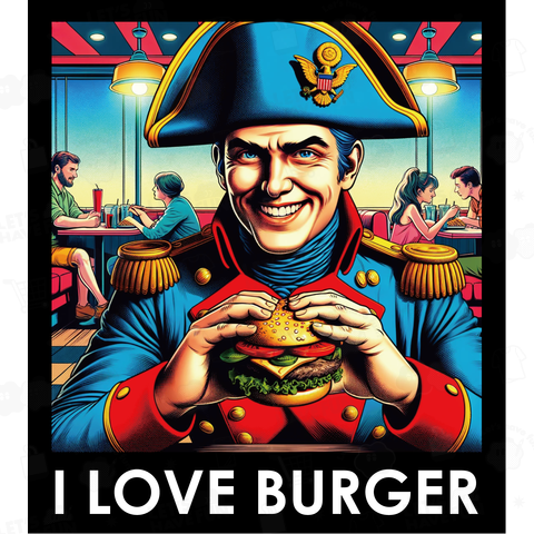 ハンバーガーが好きなナポレオン風の人・アメコミ風・バックプリント