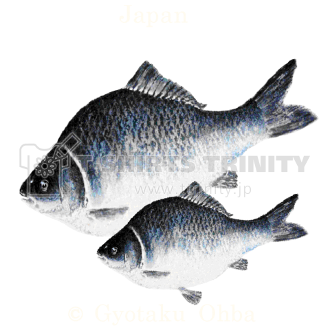 縁起鮒 胸面は文字 背面 2匹鮒 黒地ベース用 白サイン えんぎぶな Gyotaku Japan あらゆる生命たちへ感謝と祈りをささげます デザインtシャツ通販 Tシャツトリニティ