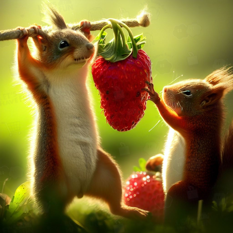 Squirrel lifting a strawberry(イチゴを持ち上げるリス)