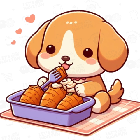 Dog eating a baked sweet potato(焼き芋を食べる犬)