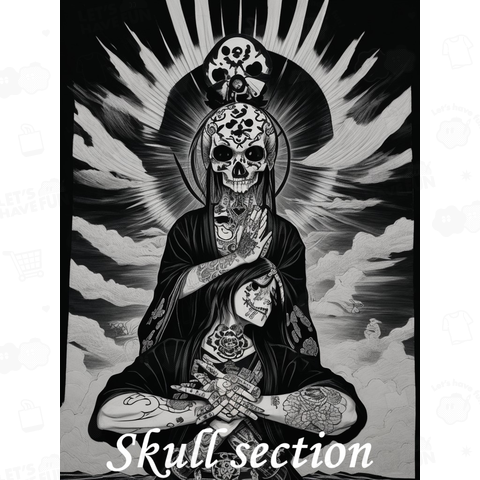 skull praying with hands together on the sun