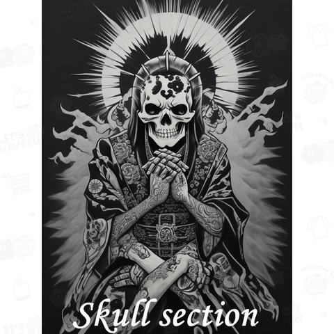 skull praying with hands together on the sun