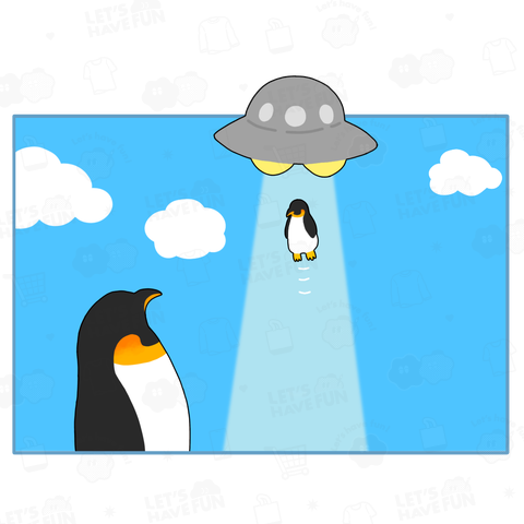 UFOにお持ち帰りされる仲間を見上げるペンギン