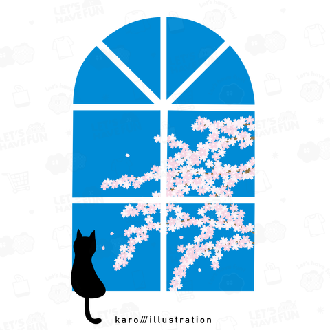 デザインにゃんこシリーズ 部屋の窓からサクラの花を見る黒ネコ その1