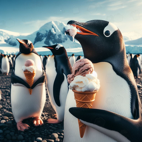 南極でアイスクリームを食べるペンギン