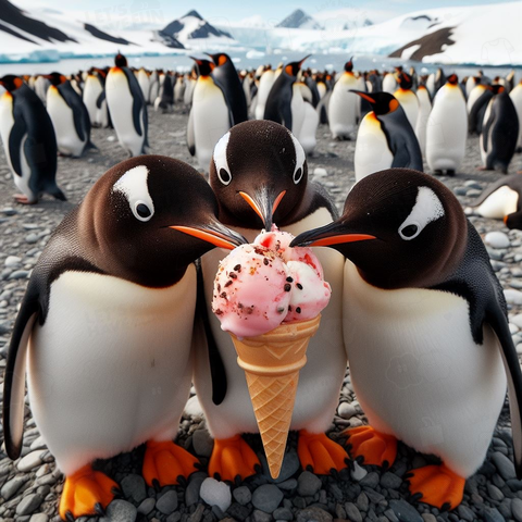 南極でアイスクリームを食べているペンギン