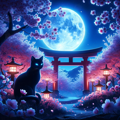 不思議な世界の夜桜と黒猫