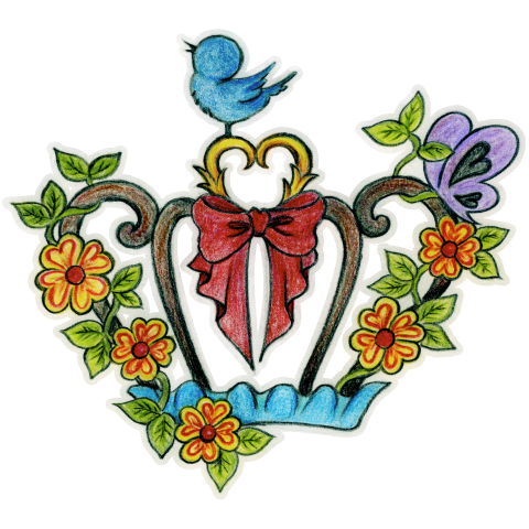 お花とリボンの王冠 小鳥と蝶蝶も遊びに来たよ♪【個性的で珍しいオリジナル手描きイラストTシャツ】