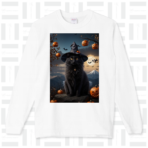 ハロウィンデザイン 魔女風黒猫とカボチャ、満月と富士山、和風