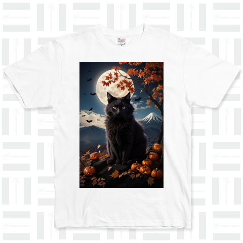 ハロウィン、黒猫と満月と富士山とカボチャ、紅葉がある和風なデザイン2