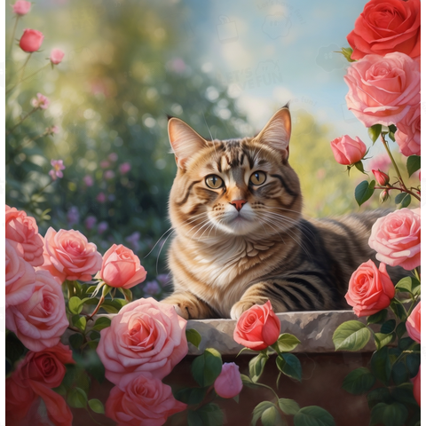 キジトラ猫とバラの花