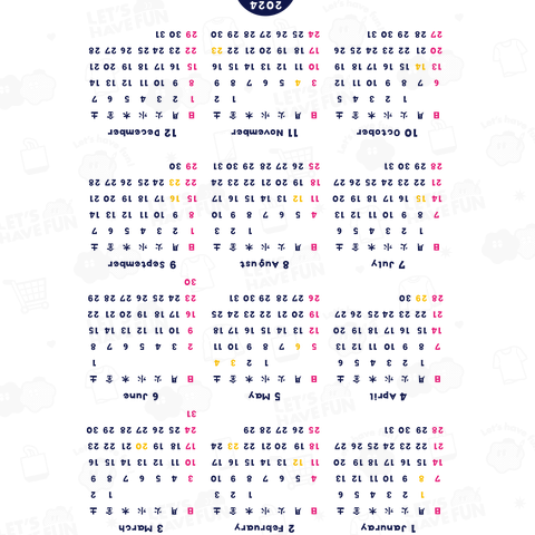 2024年カレンダー【自分が見る用、つまり逆】