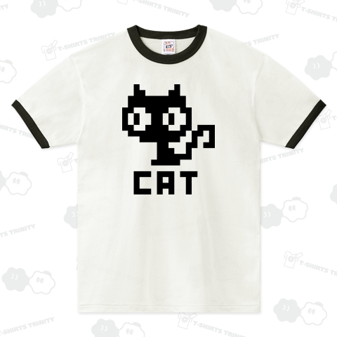 ドット絵ねこ(黒猫)【W01】(リンガーTシャツ)|デザインTシャツ ドット絵ねこ(黒猫)【W01】(リンガーTシャツ)|デザインTシャツ