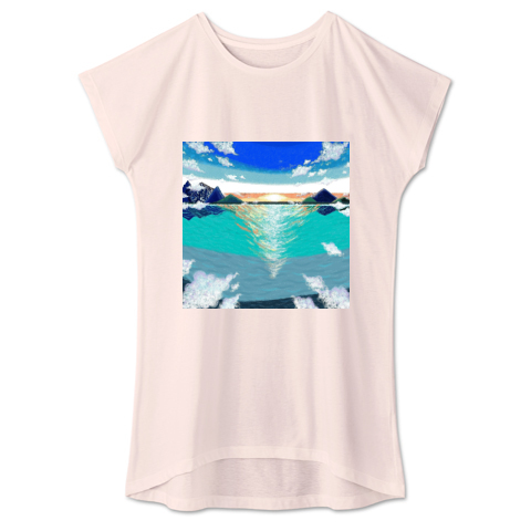 きれいな海に行きたいな 海 水面 お日様 空 雲 山イラスト デザインtシャツ通販 Tシャツトリニティ
