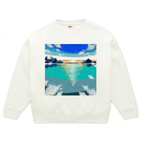 きれいな海に行きたいな 海 水面 お日様 空 雲 山イラスト デザインtシャツ通販 Tシャツトリニティ