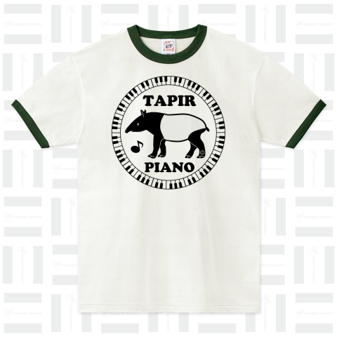バク(獏)夢のピアノ・イラスト・デザイン・Tシャツ・アニマル・マレーバク・夢喰い・音楽・Tapir・PIANO・鍵盤(けんばん)音符・MUSIC・音色