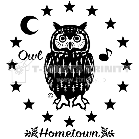 フクロウ グッズ ワシミミズク イラスト デザイン Owl フクロウ グッズ アラルアウル 鳥 かわいい Tシャツ トートバック 鳥類 知恵の象徴 不苦労 森 星 夜 オリジナル C デザインtシャツ通販 Tシャツトリニティ