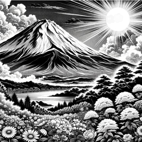 花咲き乱れる富士山 モノクロ