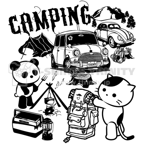 愛車でキャンプの猫とパンダ(黒)