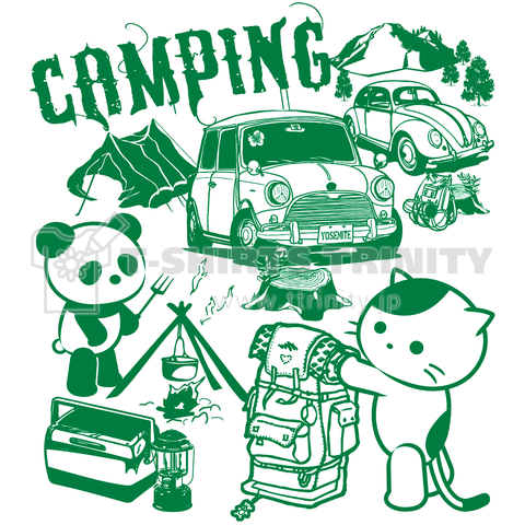愛車でキャンプの猫とパンダ(緑)
