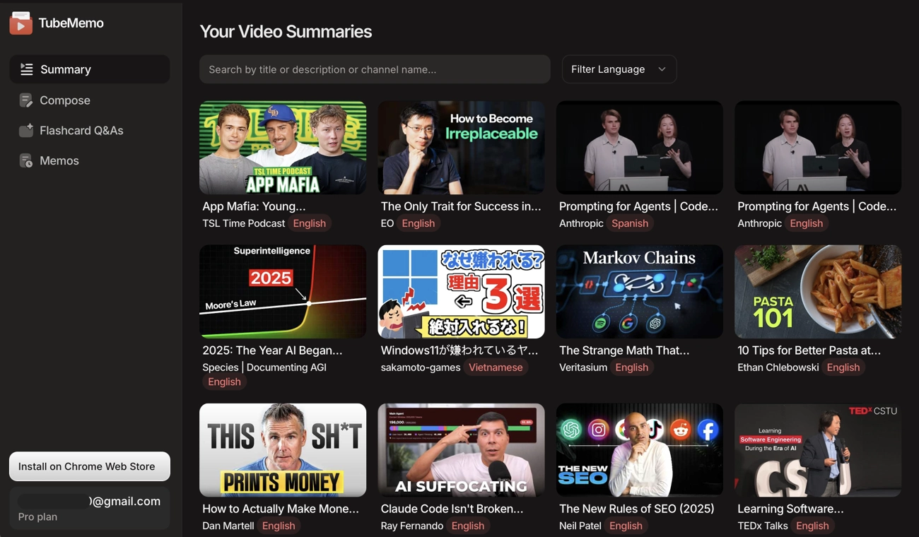 TubeMemo summary dashboard